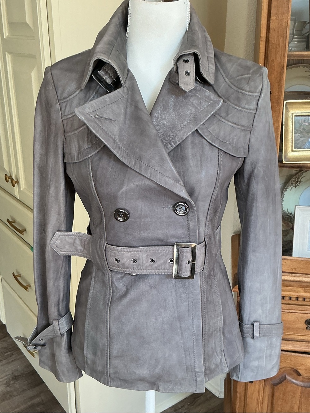 Vintage Guess Genuine Leather Short Trench Biker Jacket | Belted DoubleBreasted